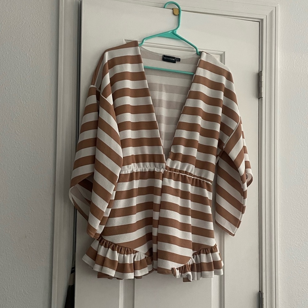 PrettyLittleThing Deep V-Cut Striped Truffle Romper